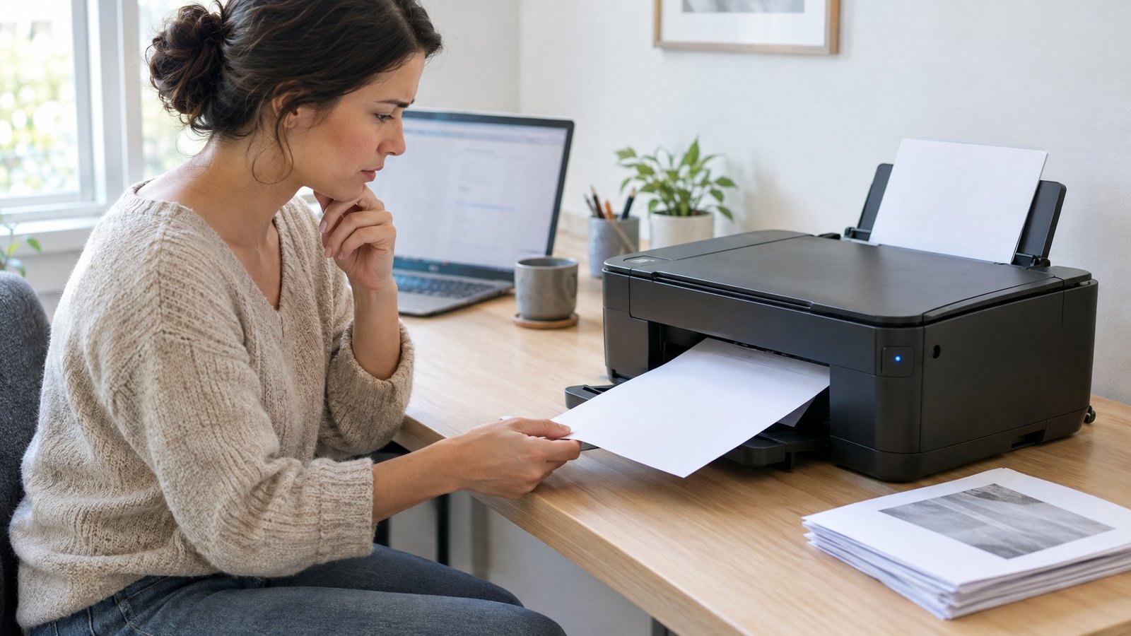 A person checks a mostly blank page coming from a desktop printer.