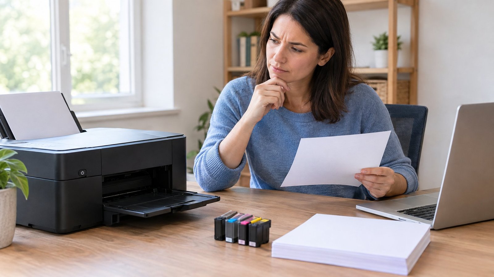 A person examines a printer that has not produced a page.