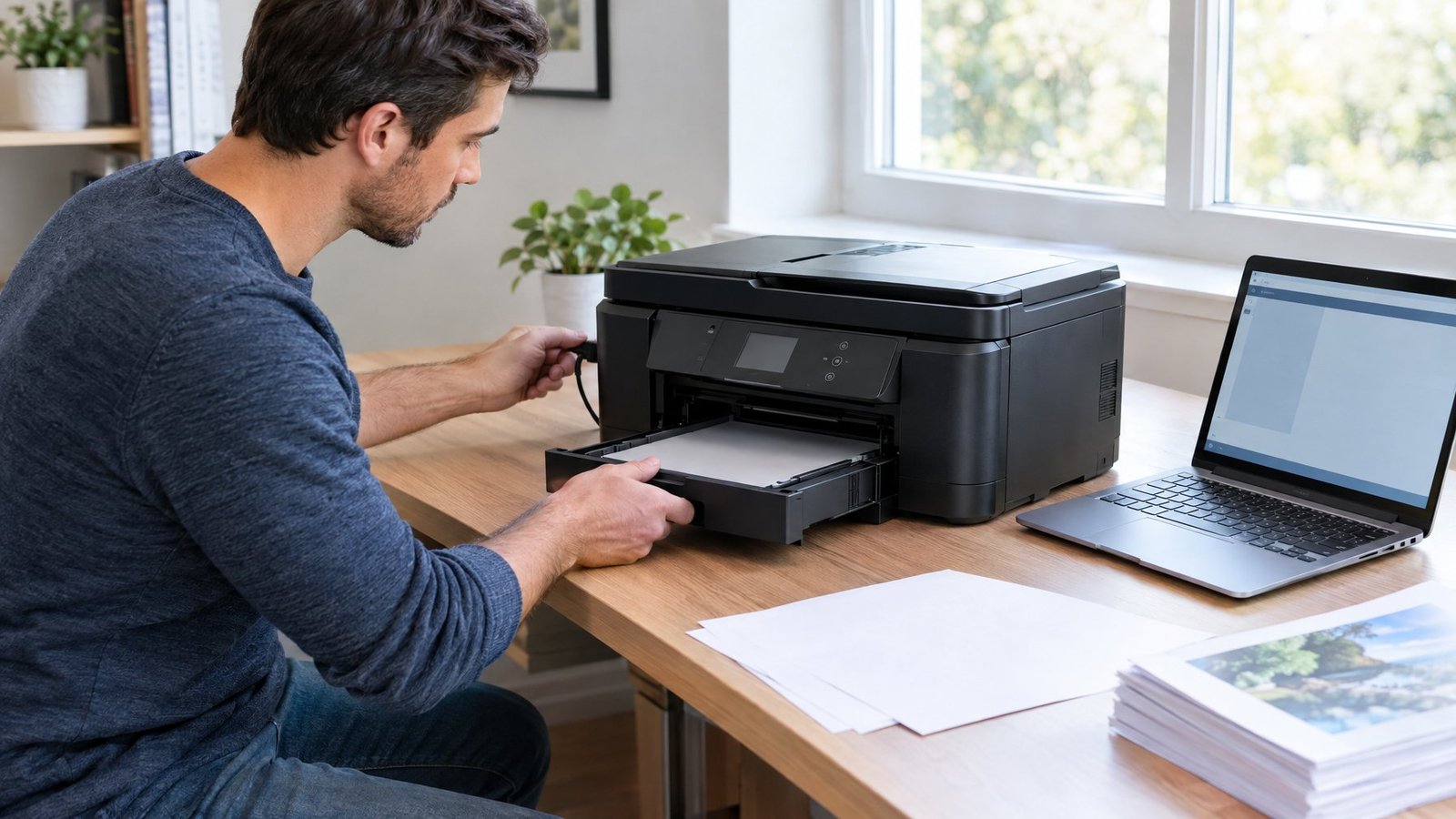 A person checks the paper tray and cable of a desktop printer at a home-office desk.