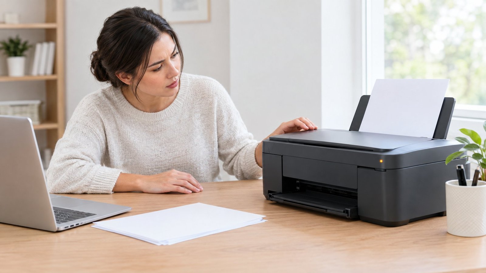 A person checks a desktop printer at a home-office desk.