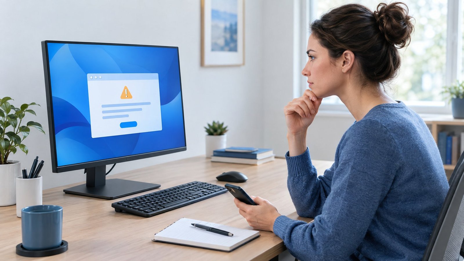 A person calmly checking a computer error at a home-office desk.