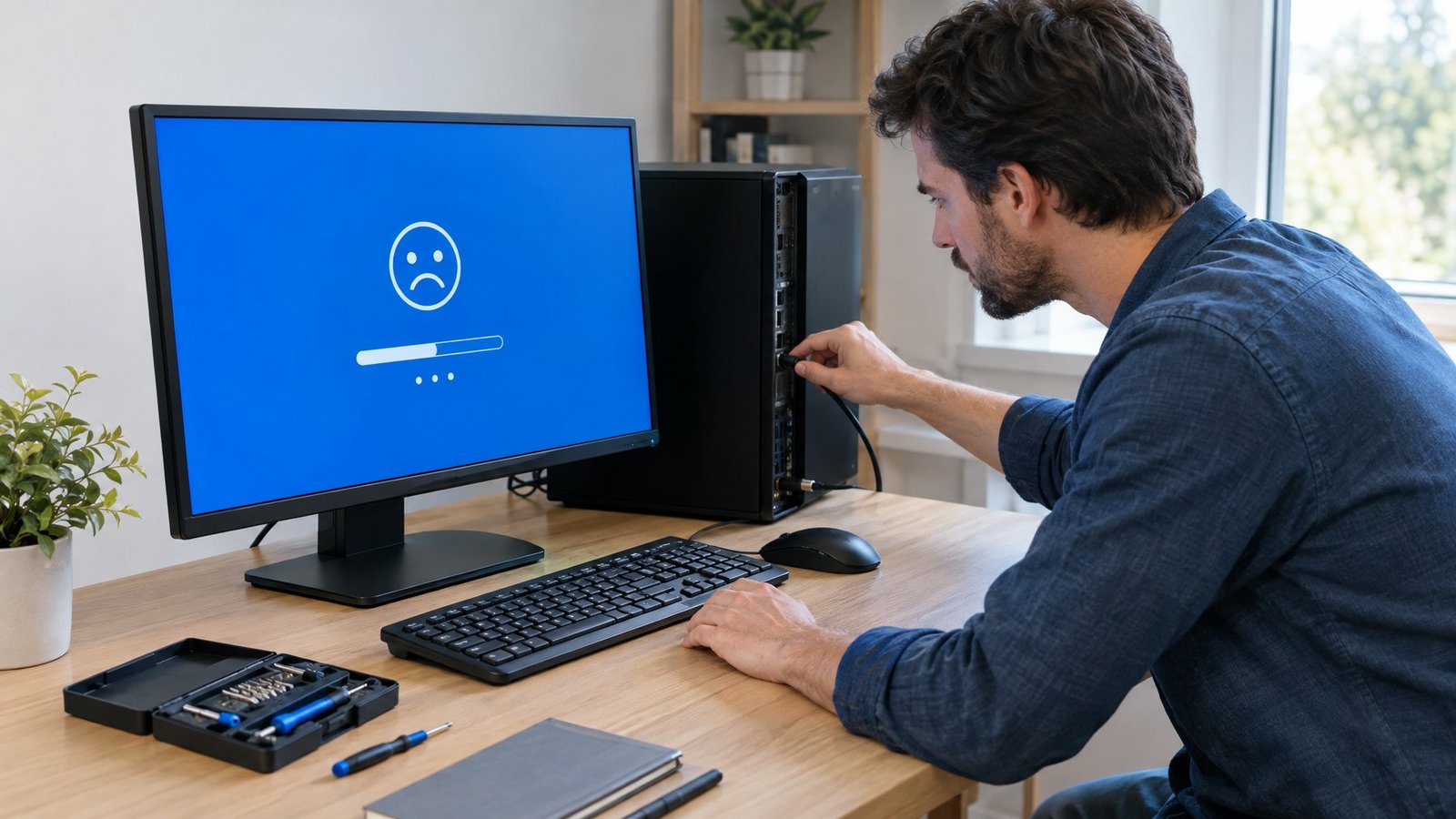 A person checks a desktop computer showing a blue error screen.