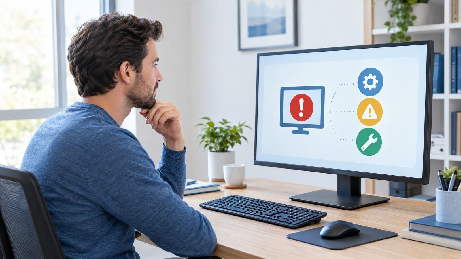 A person studies a computer error and troubleshooting options at a desk.