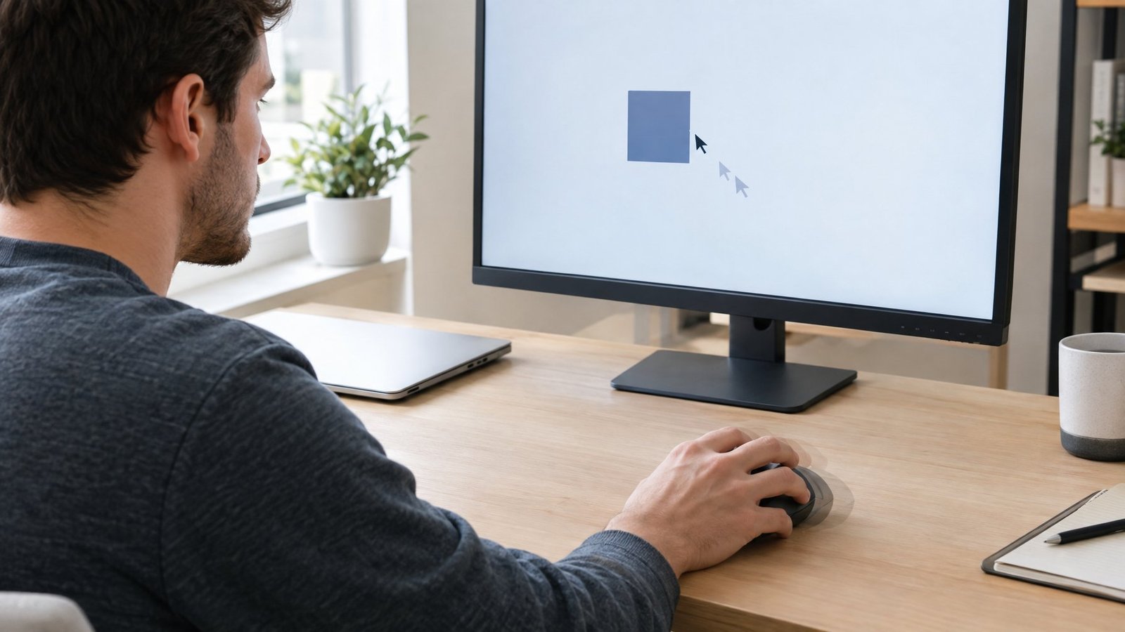 A person uses a mouse at a computer while the on-screen cursor appears delayed.