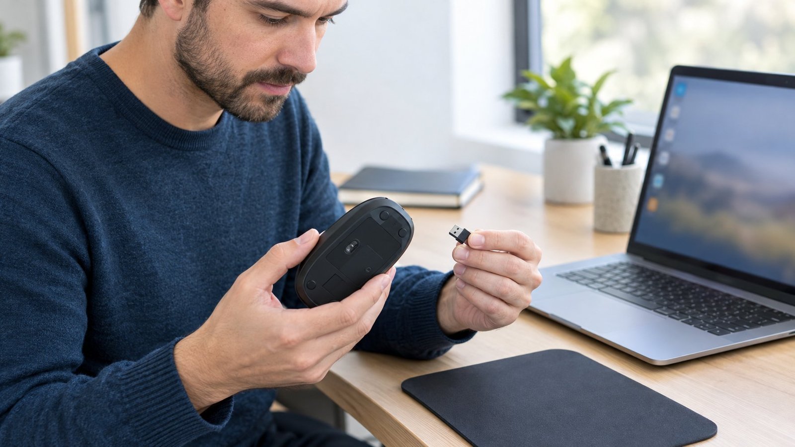 A person checks a computer mouse and its USB connection at a desk.