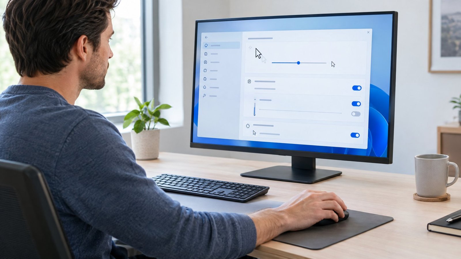A person adjusts mouse settings on a computer while using a wireless mouse.