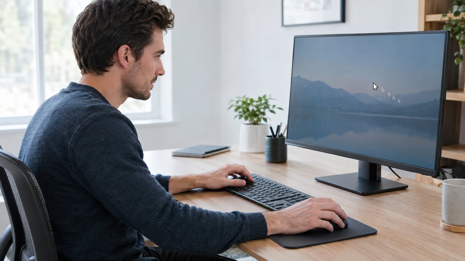 A person uses a mouse at a desktop computer while watching the monitor.