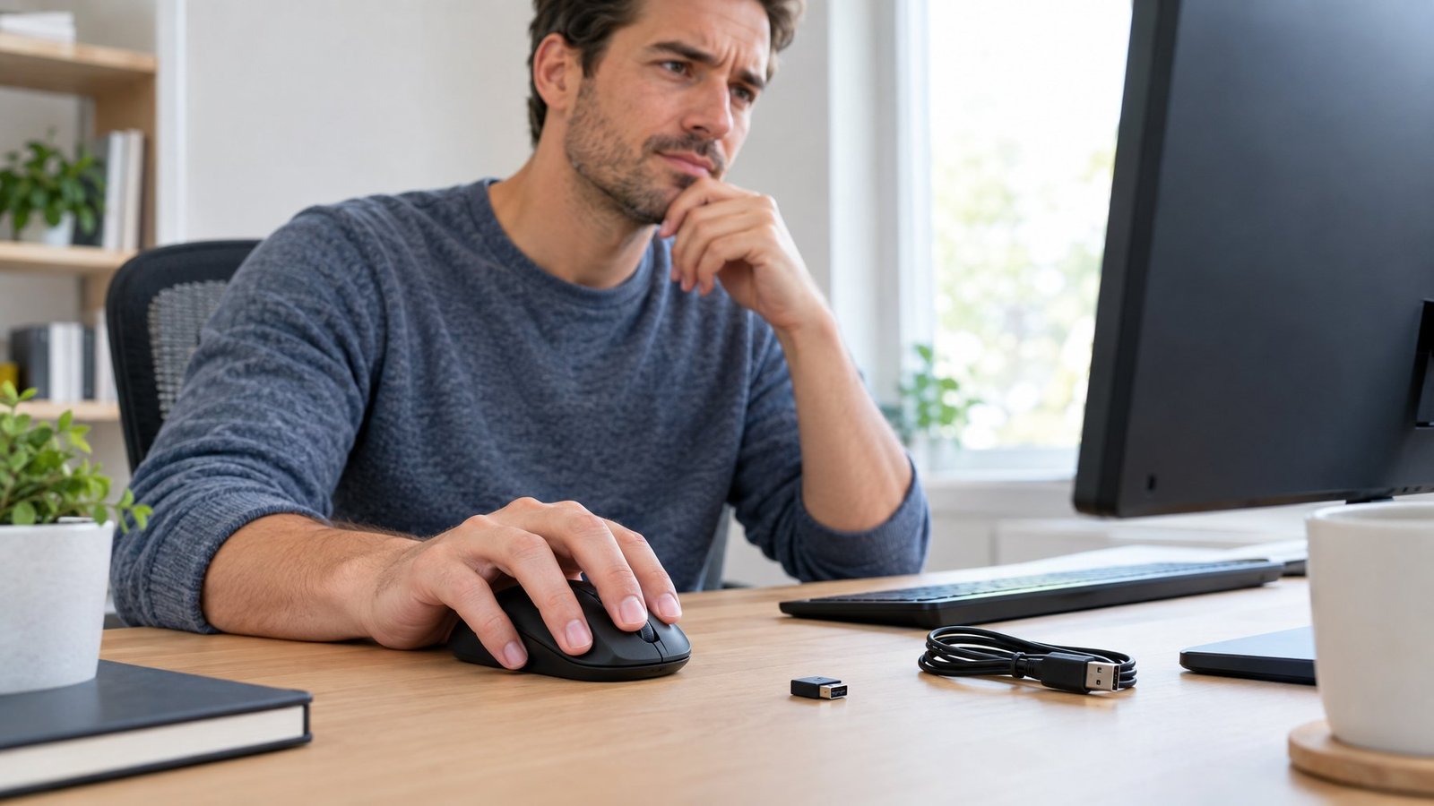 A person uses a wireless mouse at a computer desk.