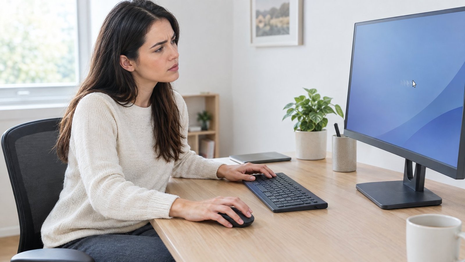 A person at a desk uses a mouse while looking at a computer monitor.
