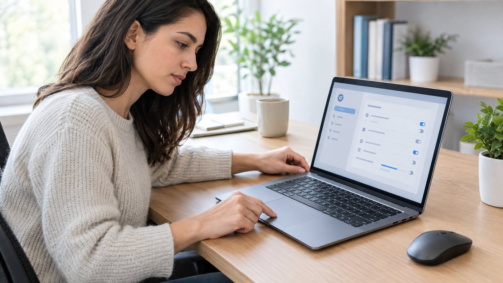 A person checks a laptop touchpad at a desk with a wireless mouse nearby.