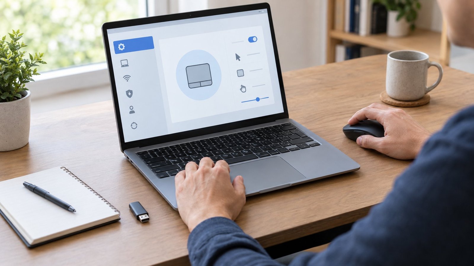 A person checks a laptop’s touchpad settings while troubleshooting it at a desk.