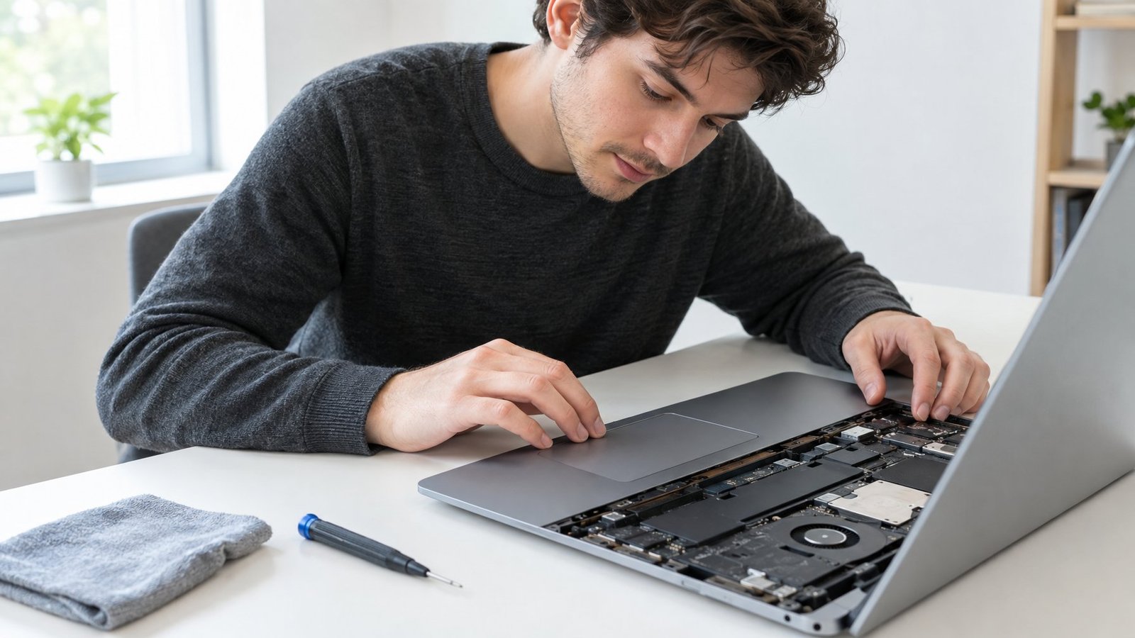 A person inspects a laptop touchpad at a desk.