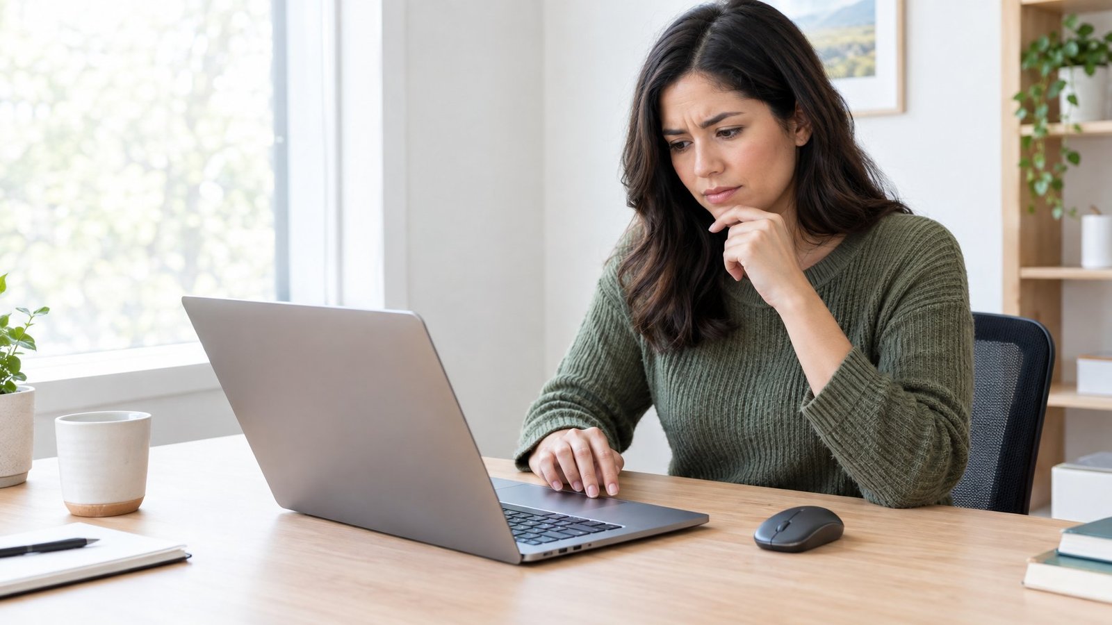 A person examines a laptop touchpad at a desk.