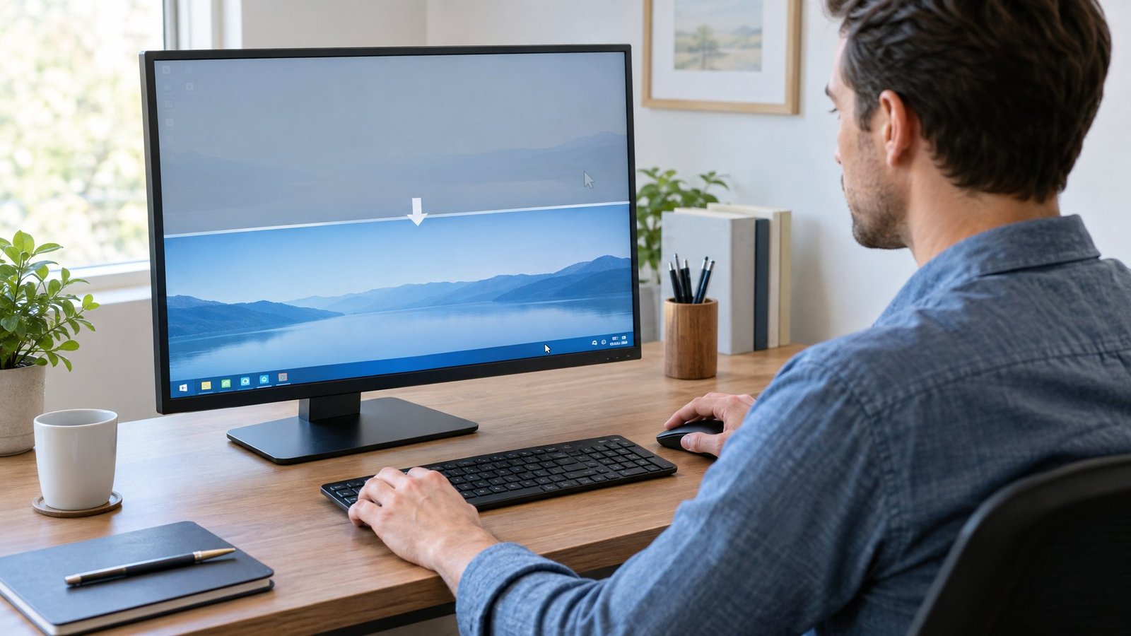 A person using a computer with the taskbar visible along the bottom of the screen.