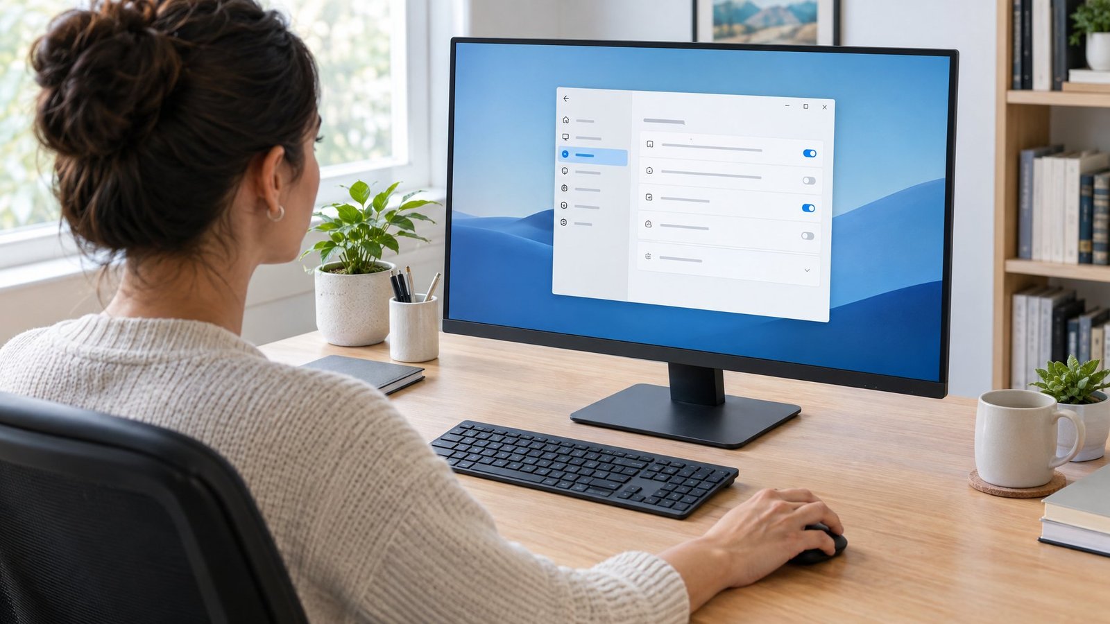 A person checks computer settings while the taskbar is missing from the screen.