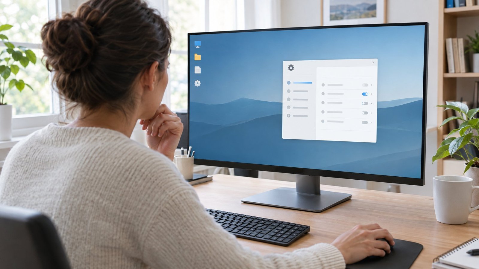 A person checks computer settings on a monitor with no taskbar visible.