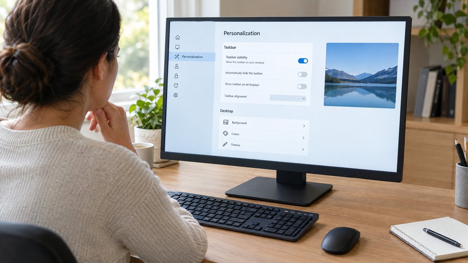 A person checks computer settings on a monitor with no visible taskbar.