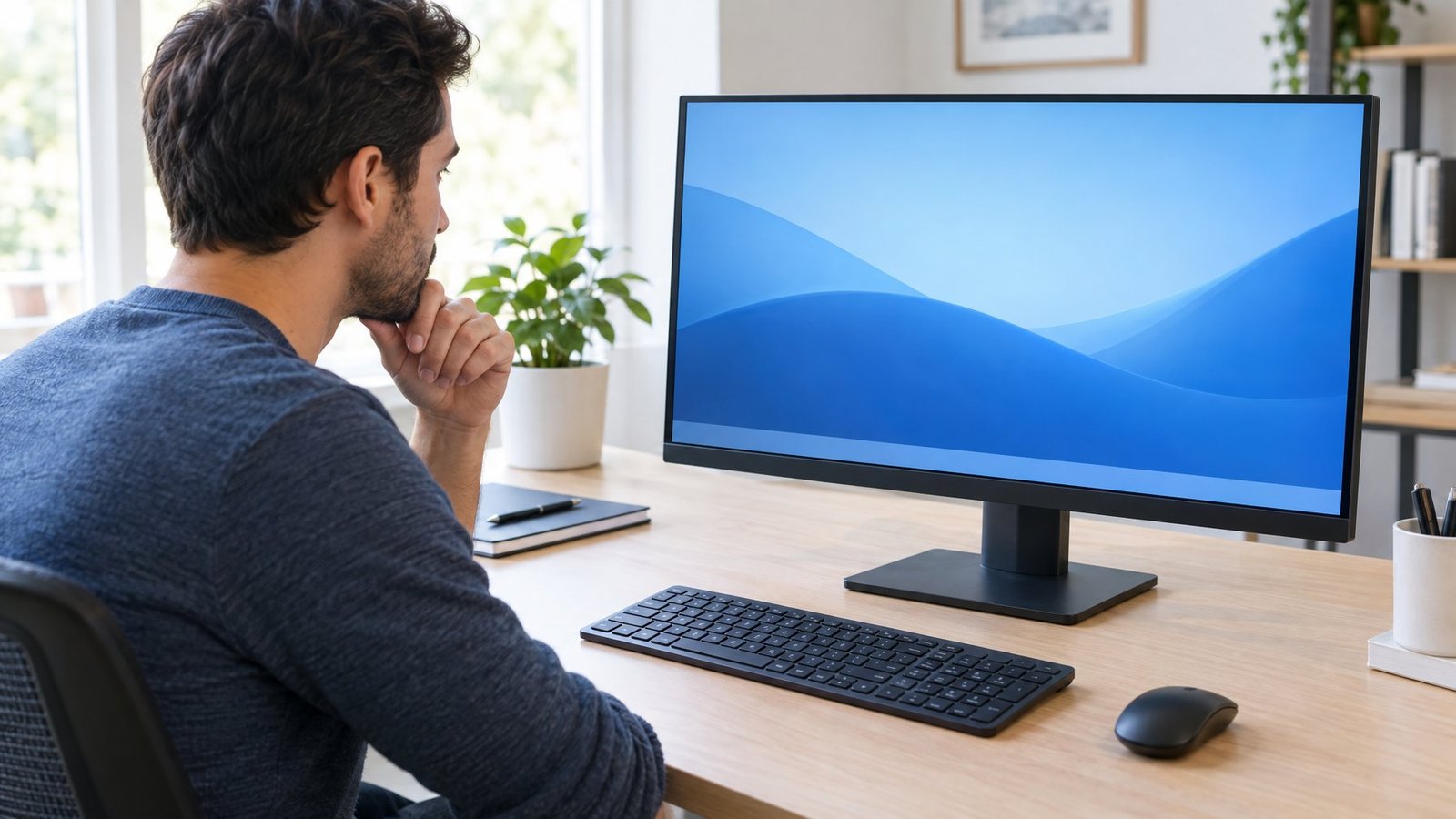 A person examines a computer screen with no taskbar visible.
