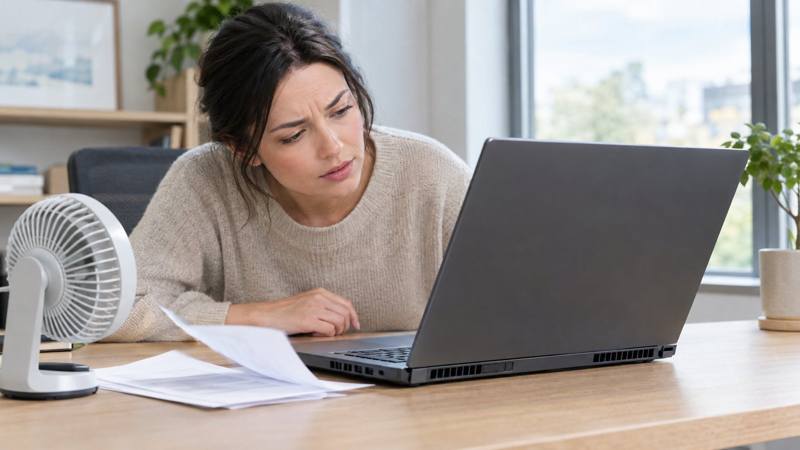 A person looks concerned while leaning toward an open laptop on a desk.
