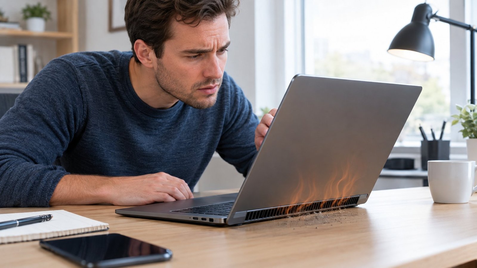 A person looks concerned while using an open laptop at a desk.