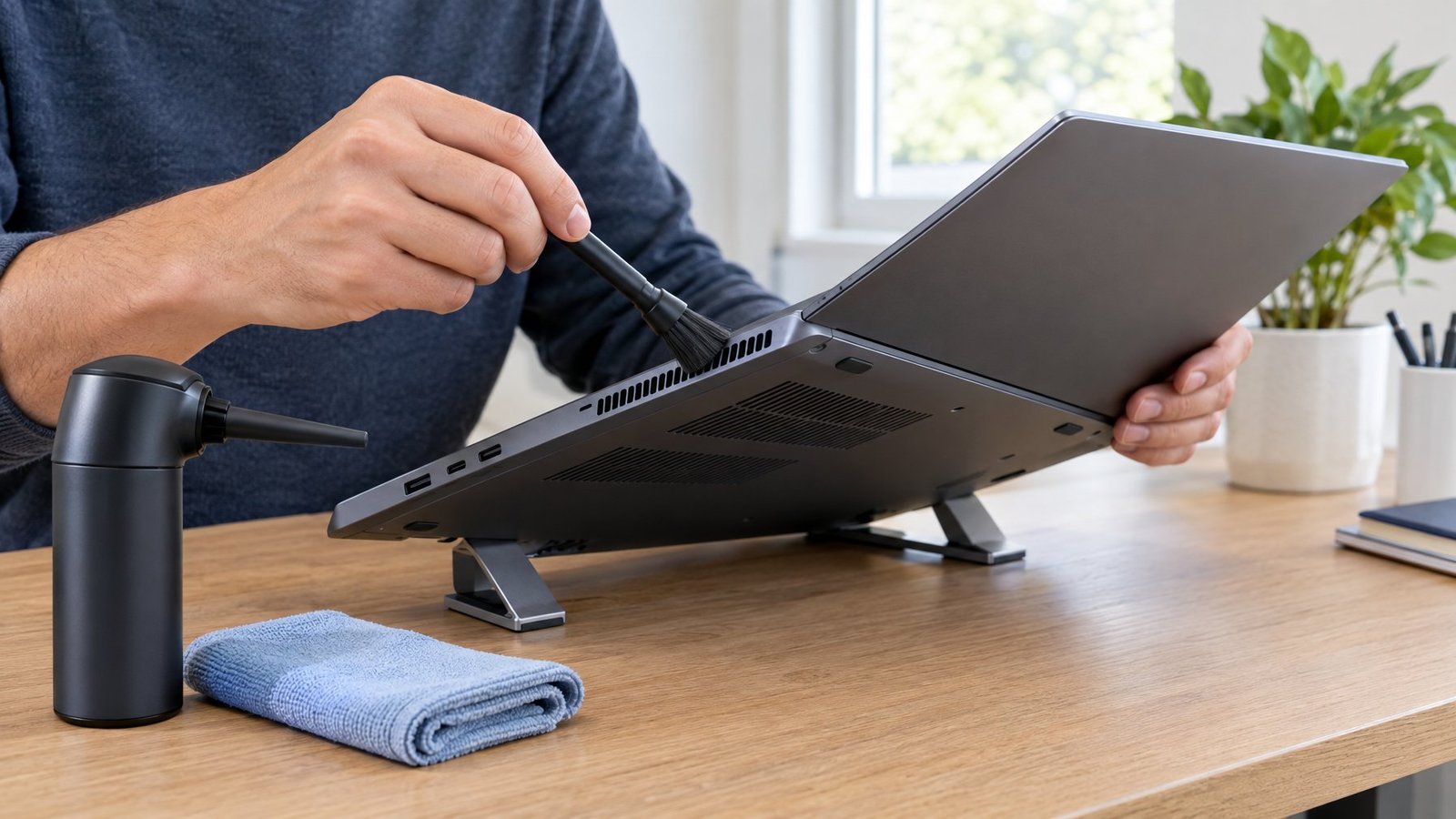 A person gently cleans a laptop vent while the laptop rests on a raised stand.