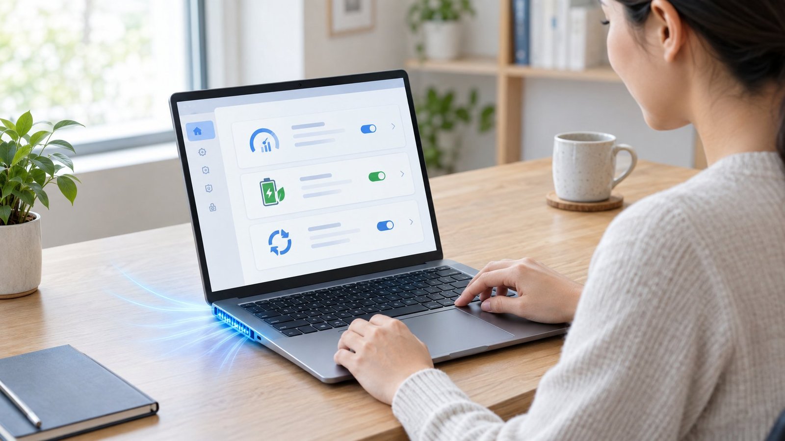 A person adjusts settings on a laptop at a home-office desk.