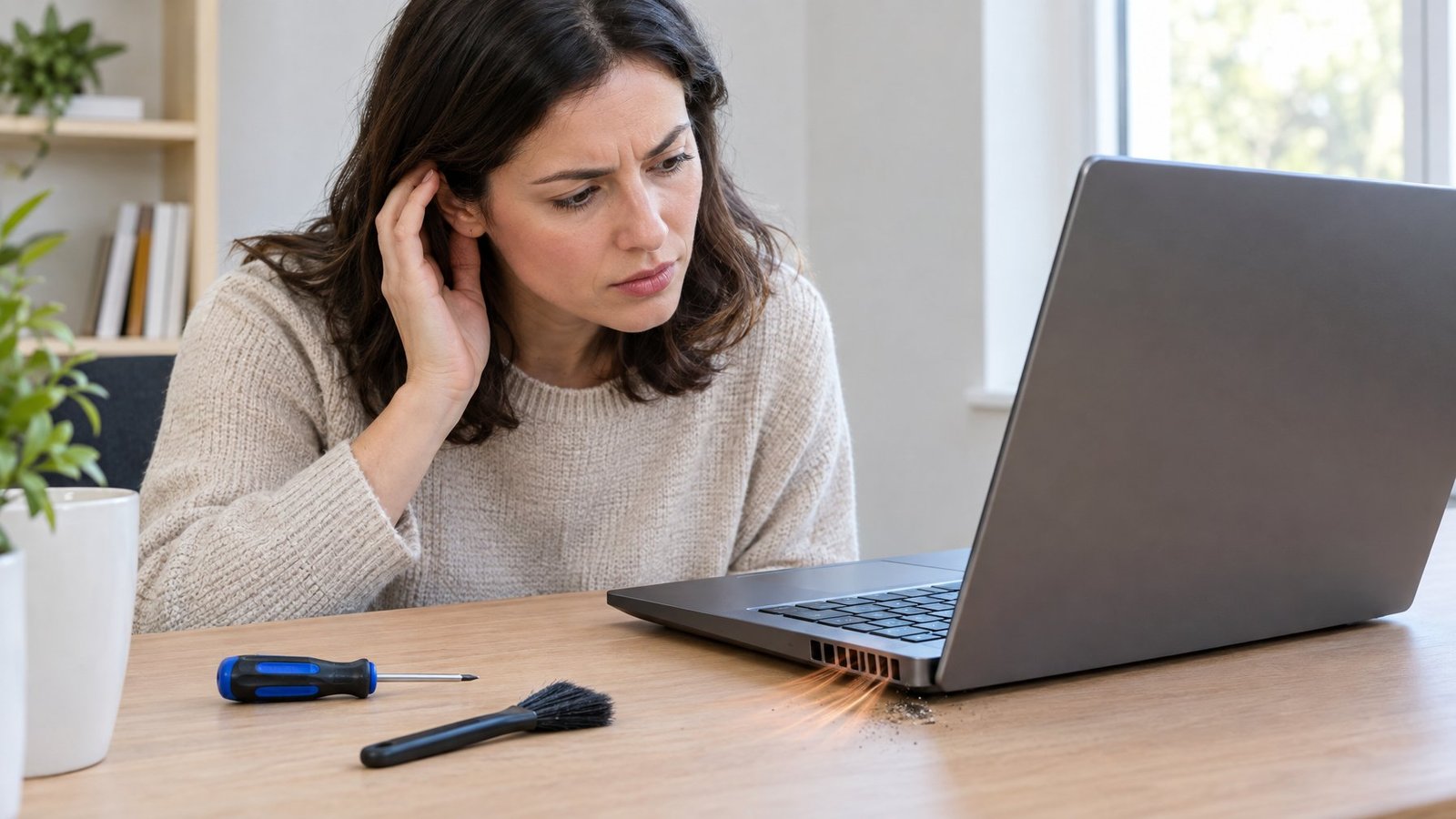A concerned person listens closely to an open laptop at a desk.