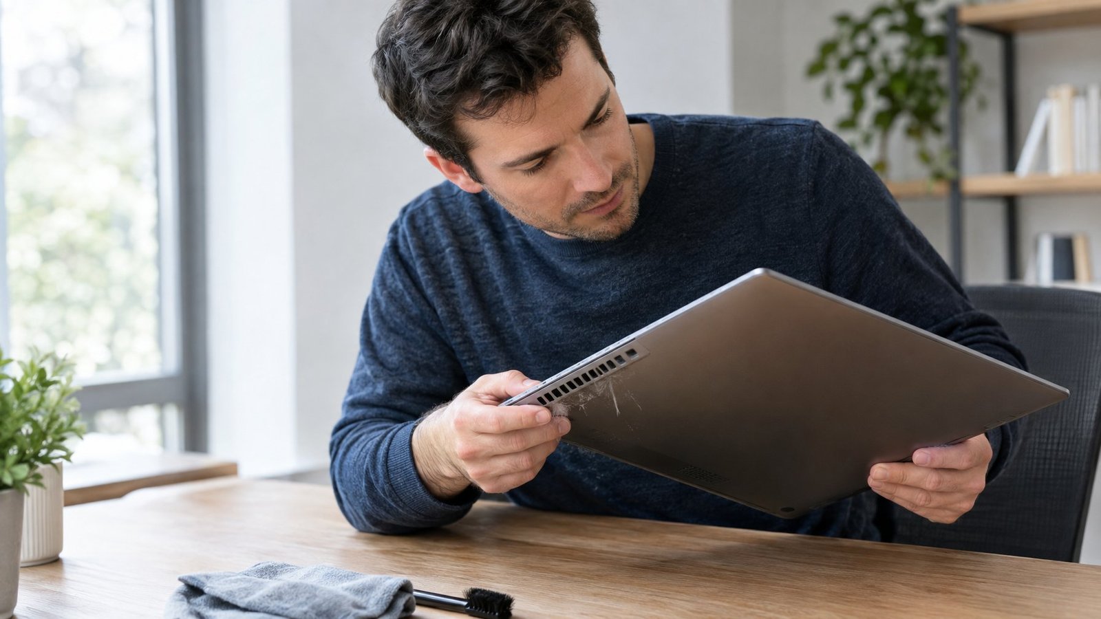 A person checks the ventilation on a laptop at a desk.
