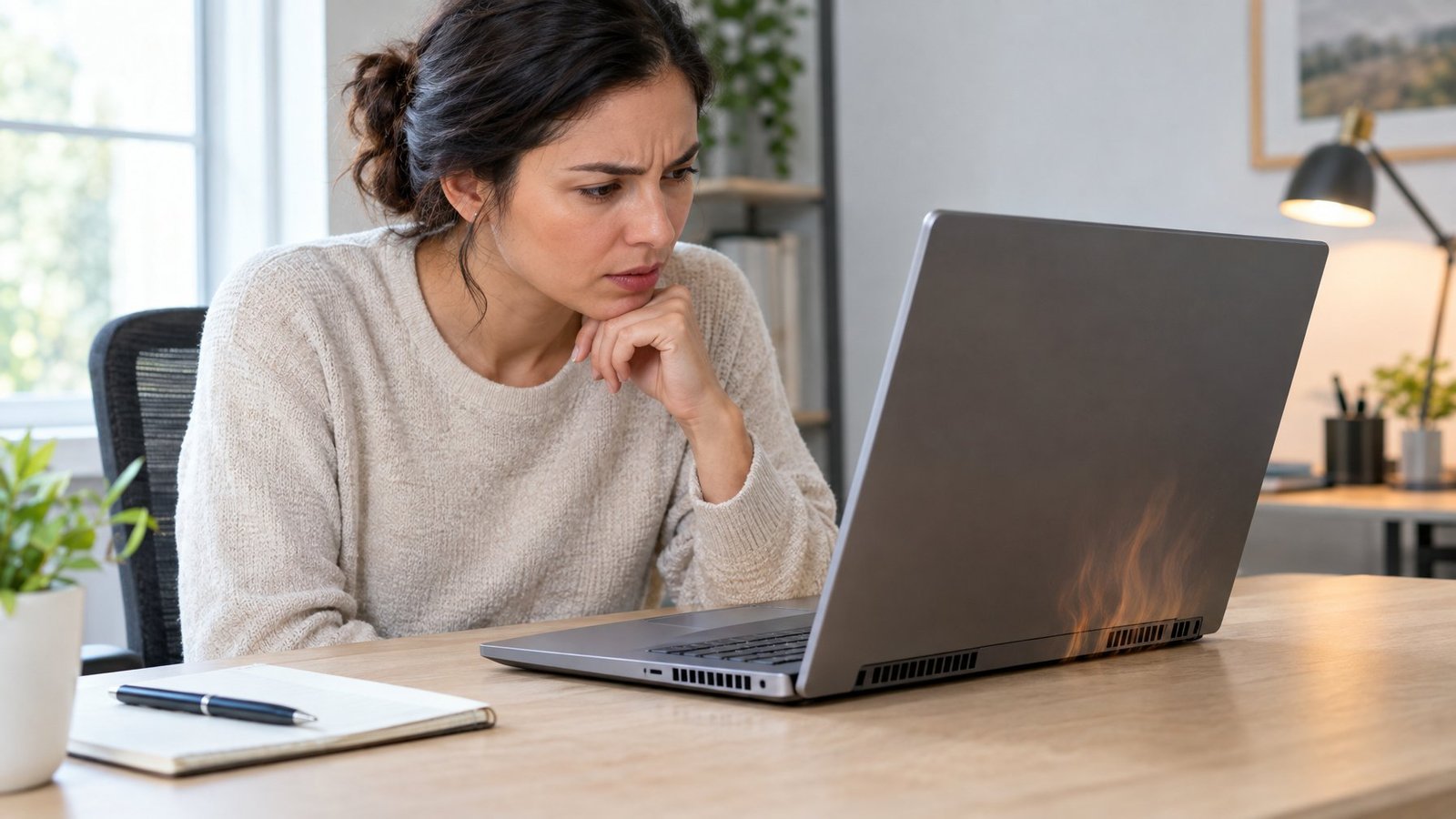 A person looks concerned while using a laptop at a desk.