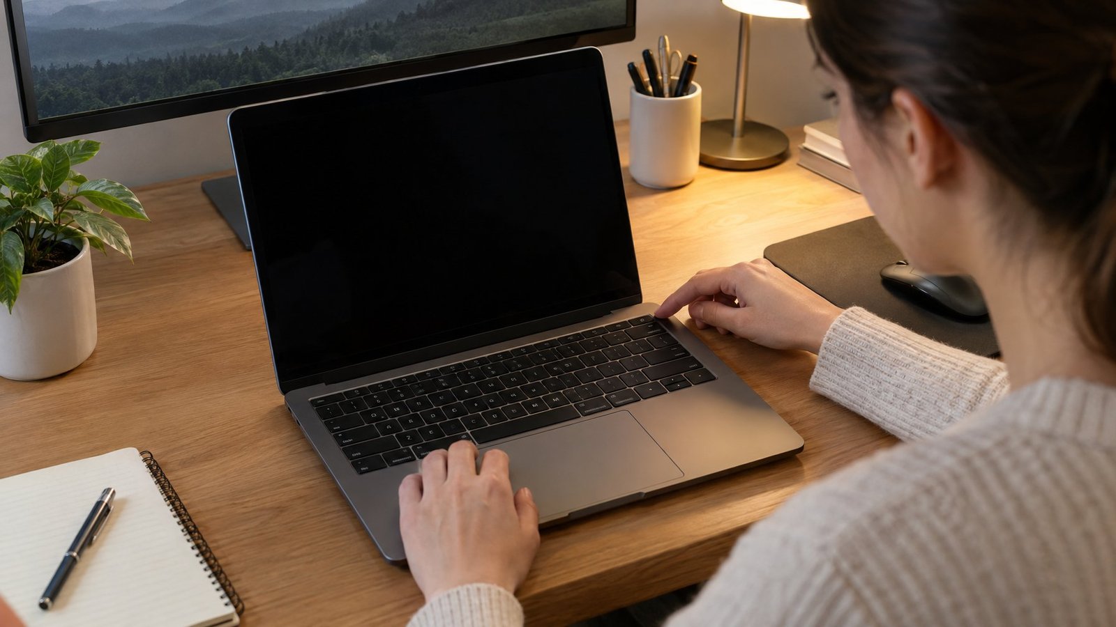A person checks an unlit laptop keyboard at a desk.