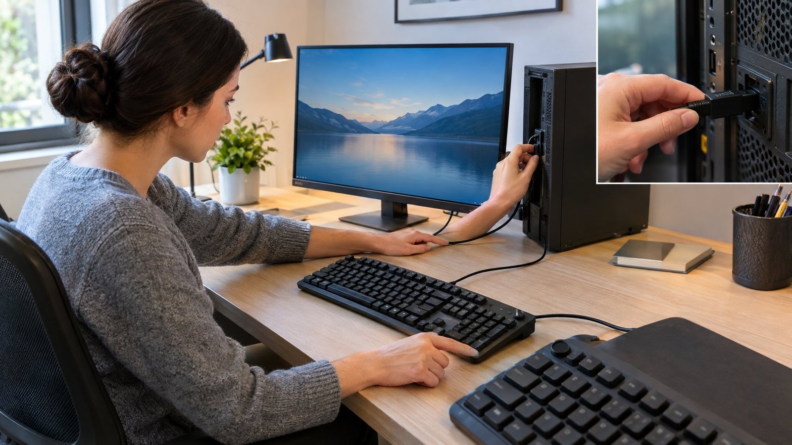 A person checks an unlit keyboard and its connection at a computer desk.