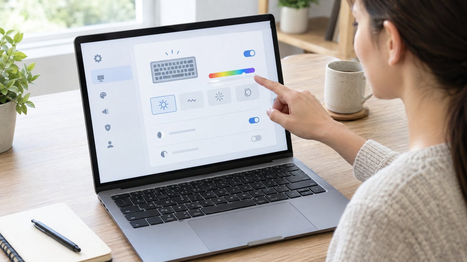 A person checks settings on a laptop with an unlit keyboard.
