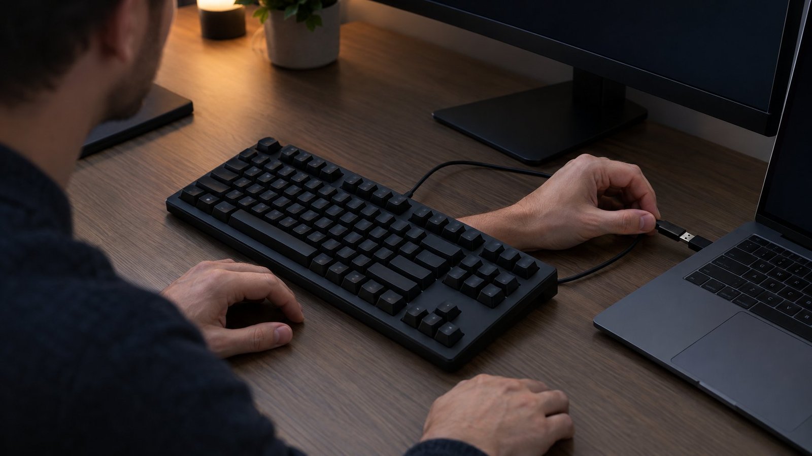 A person checks the cable connection on an unlit computer keyboard.