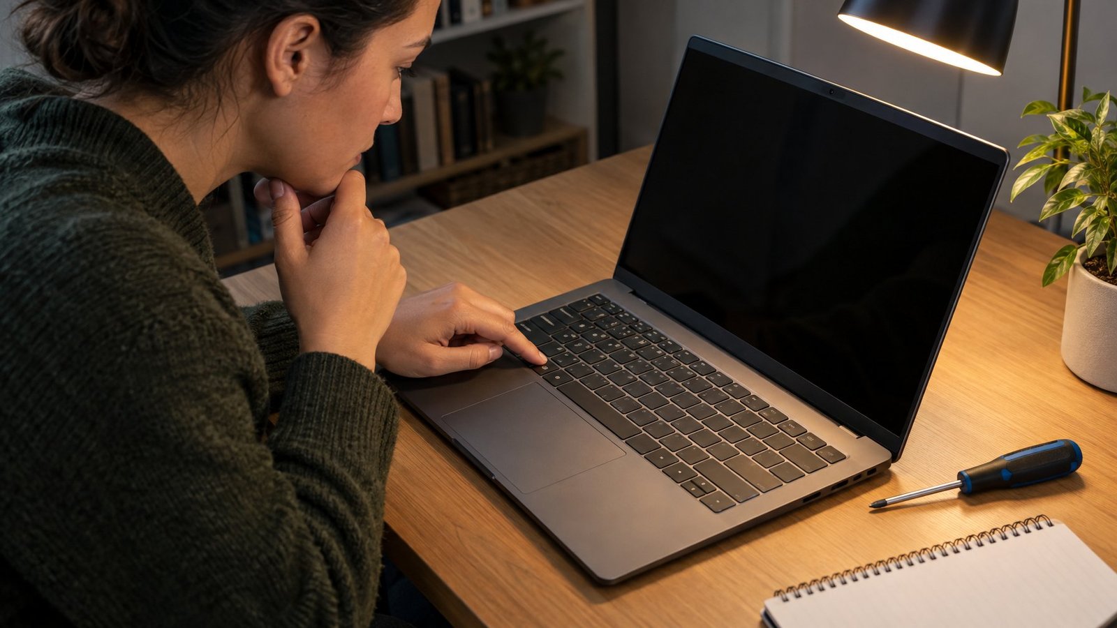 A person checks an unlit laptop keyboard at a desk.