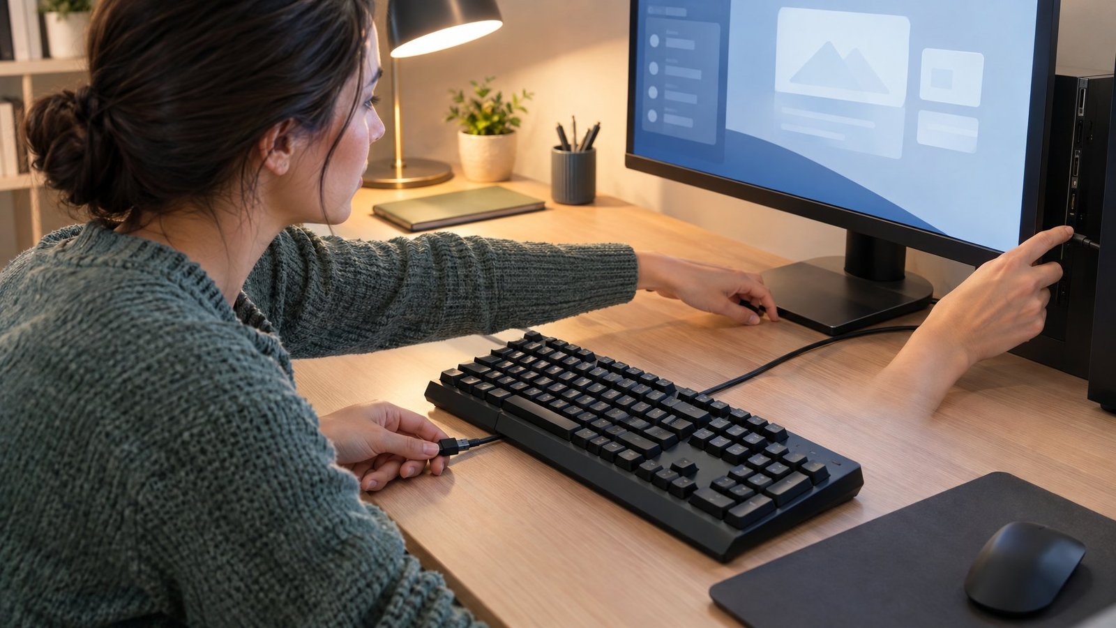 A person checks the connection of an unlit keyboard at a desk.