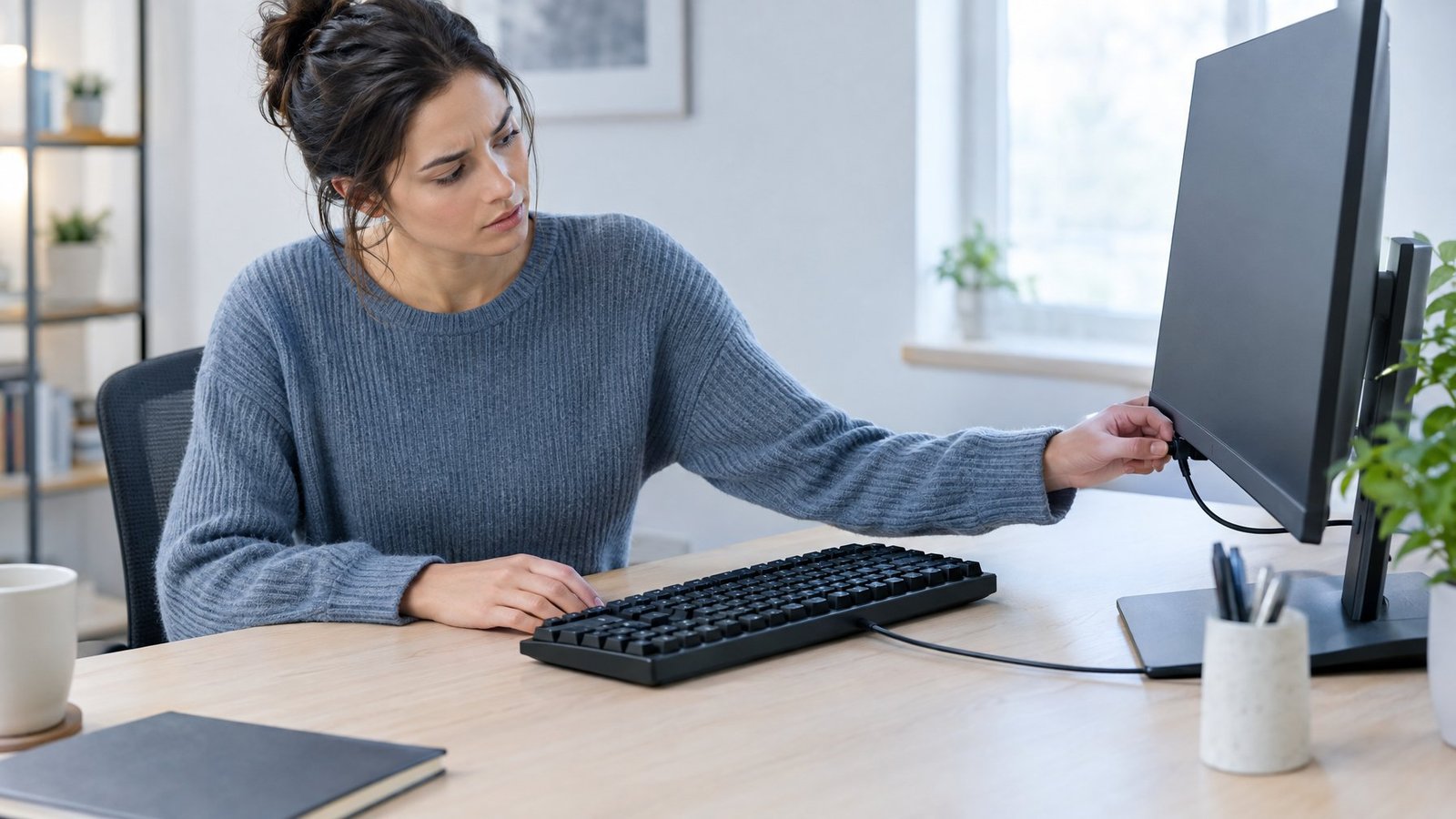 A person checks the connection of an unlit computer keyboard at a desk.