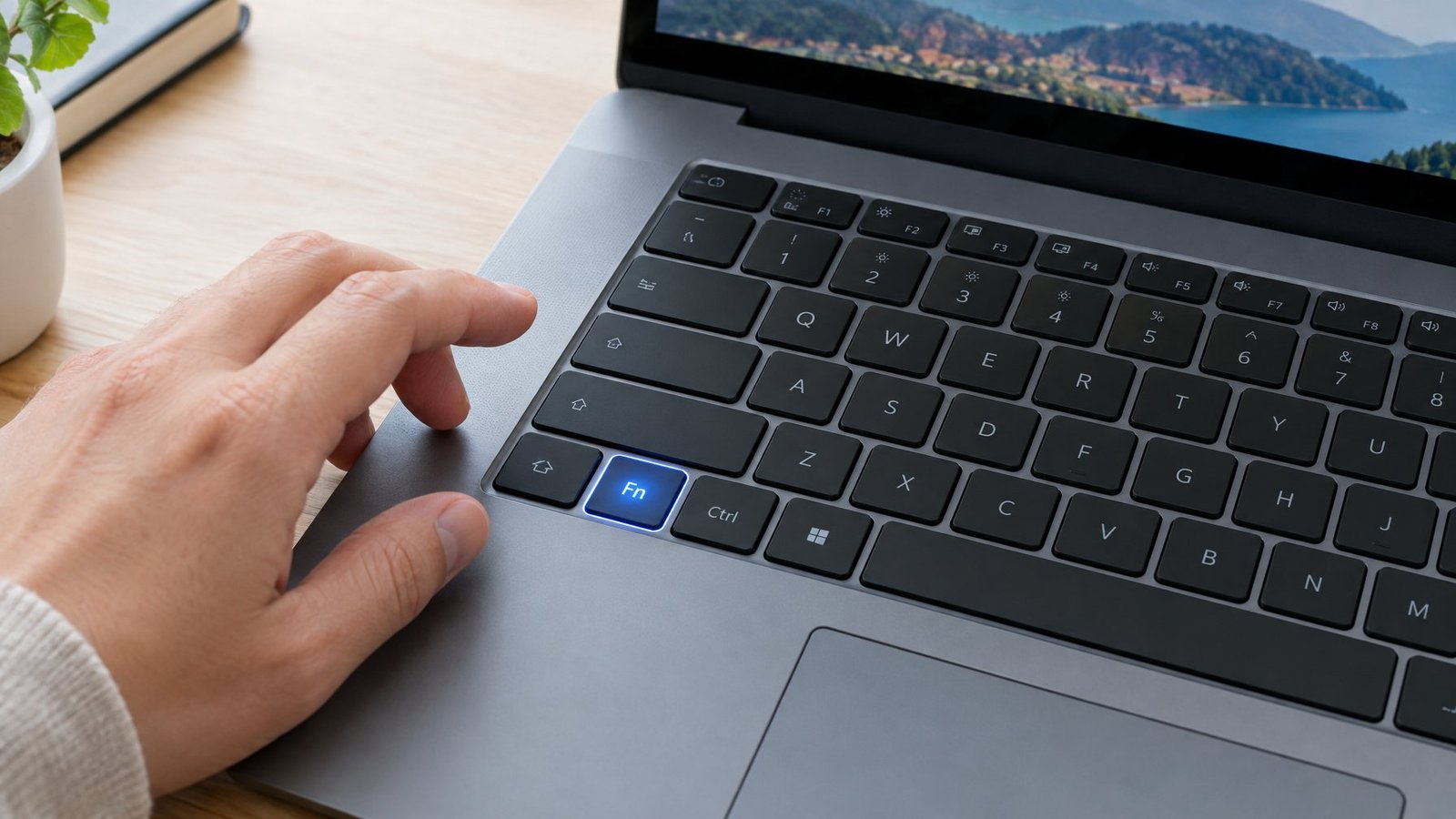 A hand hovers over a laptop keyboard with the Fn key illuminated.