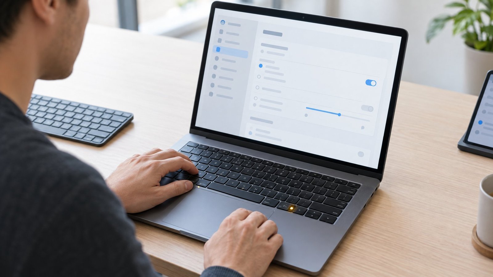 A person checks a laptop’s illuminated Fn key while navigating settings.