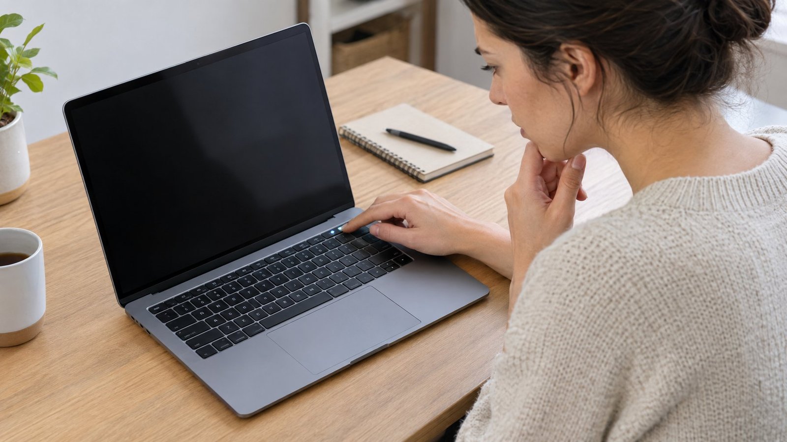 A person checks a laptop with a small keyboard indicator light glowing.