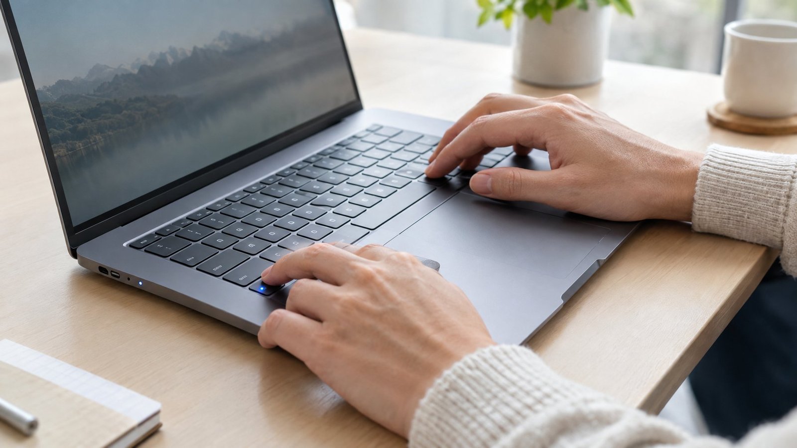 A person uses a laptop with an illuminated Fn key.