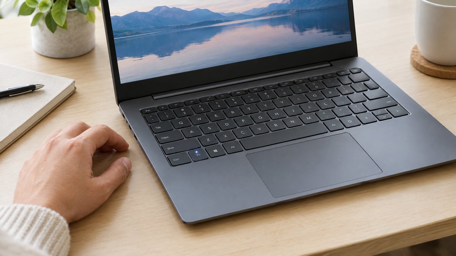 A laptop keyboard with a small light illuminated beside the Fn key.
